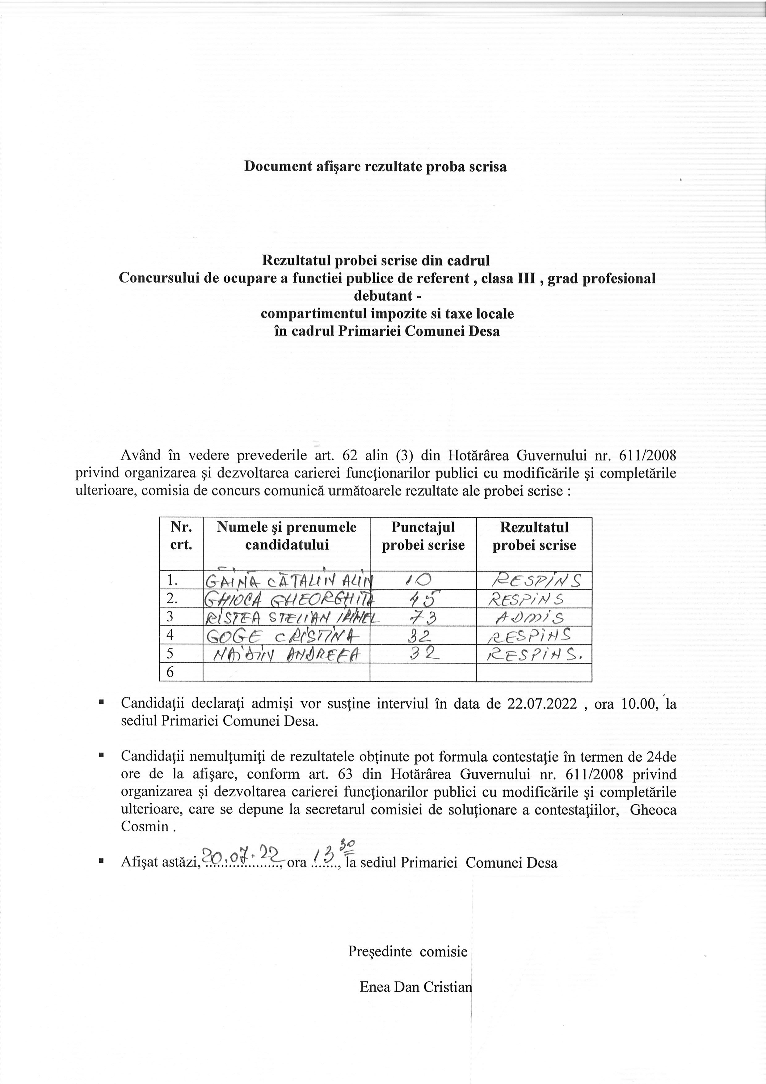 Rezultat concurs proba scrisa